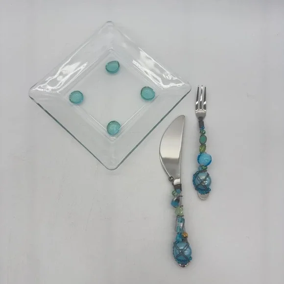 Artisan Beaded Cheese Serving Set Glass Plate Gourmet Settings GS 18/10 Knife Fo