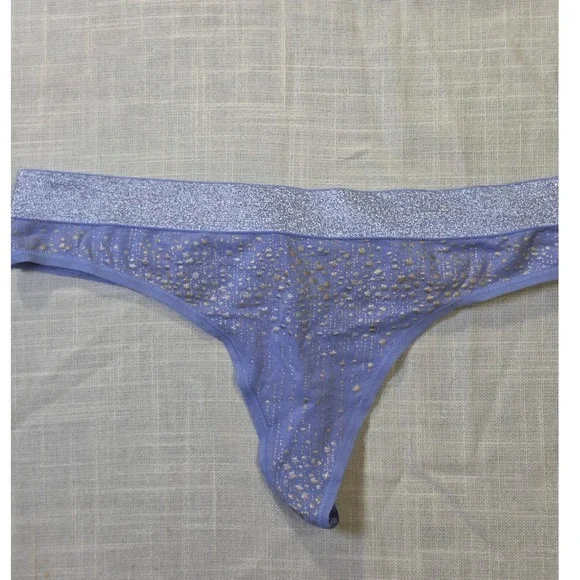 Victoria's Secret Blue Metallic Gold Star Thong Panty Glitter Waistband XL