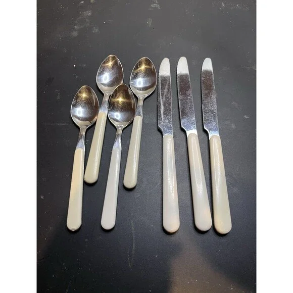 Vintage 7pc Stainless Steel Alco White Handle Flatware MCM Retro Silverware