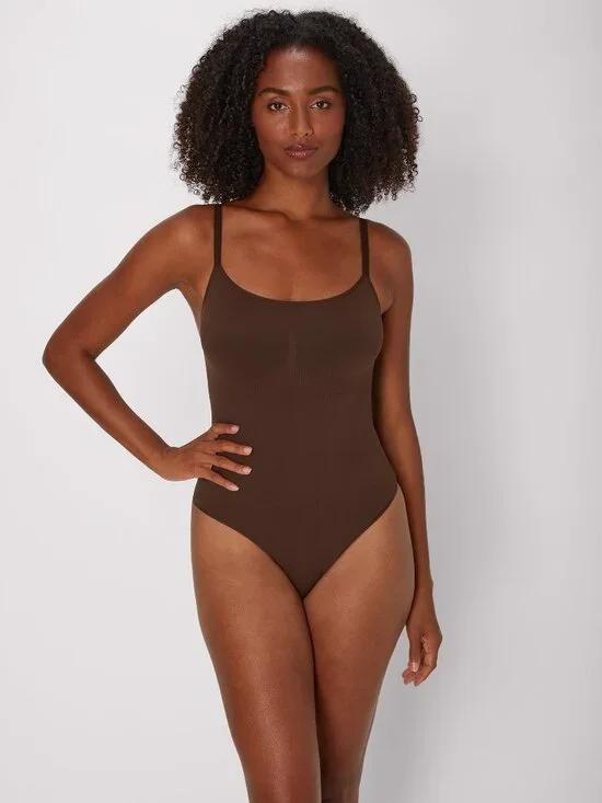 #2190 Maidenform Seamless Tummy Control Shapewear Thong Bodysuit Just Brown