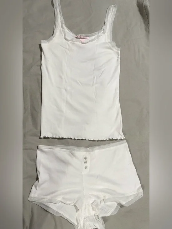 Victoria's Secret White Ribbed Tank and Button-Front Shorts Sleep Set