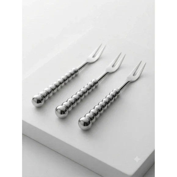 Vintage Mid-Century Stainless Steel Beaded Handle Cocktail Appetizer Forks (3)