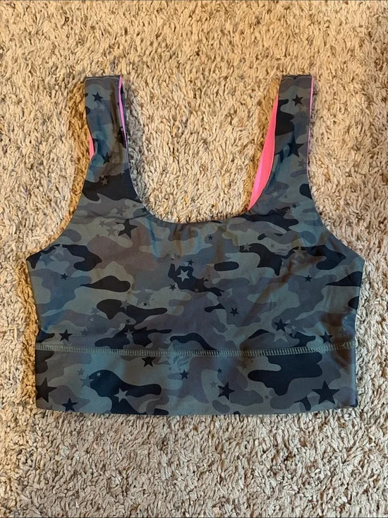 Fabletics Green Camouflage Sports Bra with Pink Lining reversible