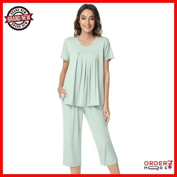 Viscose Bamboo Pajama Set Short Sleeve Capri Pants Cooling Sleepwear