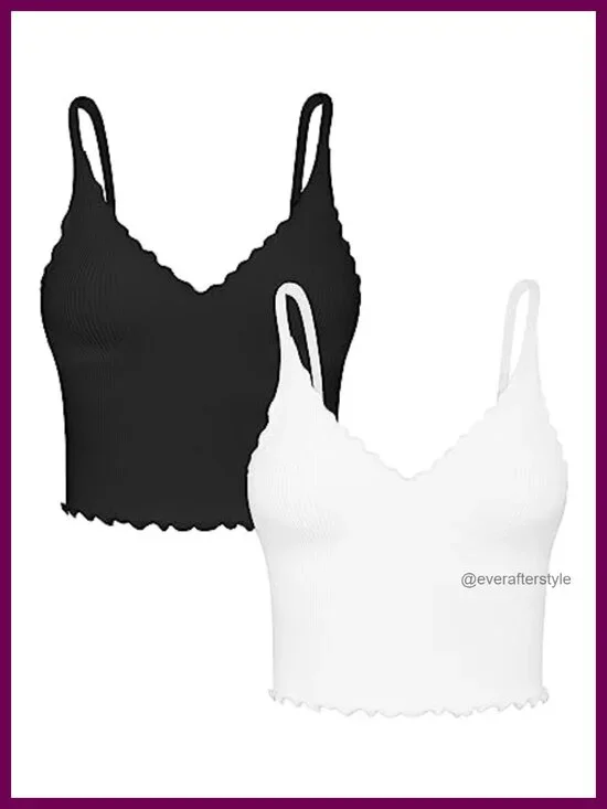 V Neck Seamless Ribbed Crop Camisole with Ruffles, Adjustable Straps