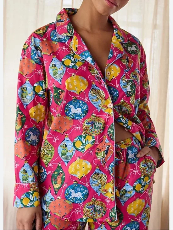 Print Fresh x Anthropologie Bright Pink Printed Button-Up Pajama Top S