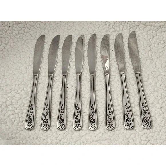 SET OF 8 ROGERS STANLEY ROBERTS FLORAL MIST STAINLESS STEEL KNIVES‎