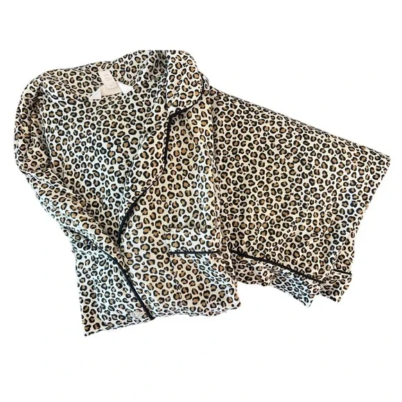 Secret Treasures‎ Womens Leopard Print Pajama Set Large Beige Short Sleeve Crop