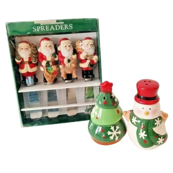 Vtg Boston Warehouse Santa Spreaders 12-128 & Snowman Tree Salt Pepper Shakers