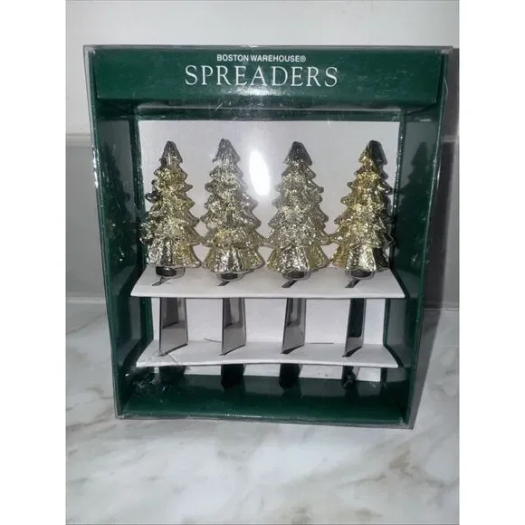 BOSTON WAREHOUSE ,Christmas Cheese Butter Spreaders, Silver Gold‎ Trees-4 VTG