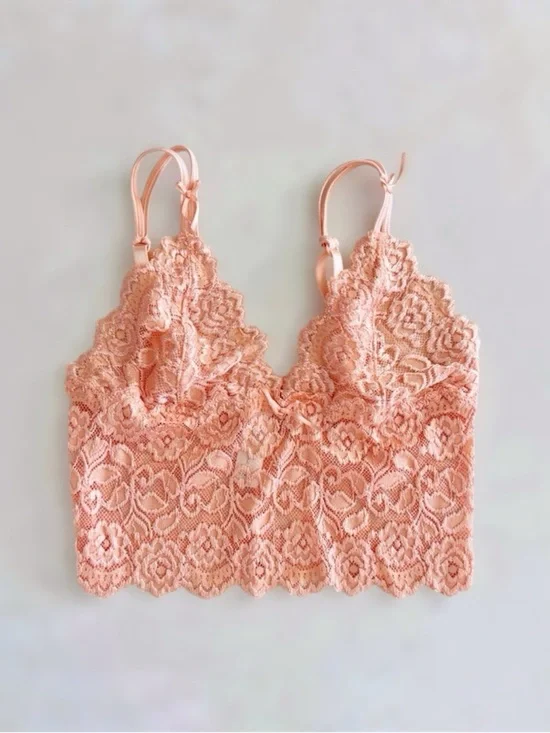 Cabernet Coral Pink Lace Bralette Top, Ribbon Bow & Adjustable Straps sz. S