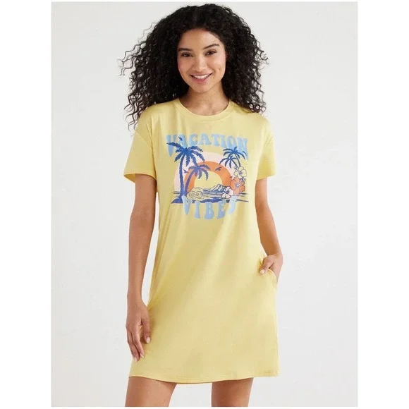 Joyspun Snapdragon Yellow Vacation Vibes Sleep‎ Shirt SideSeam Pockets S-M
