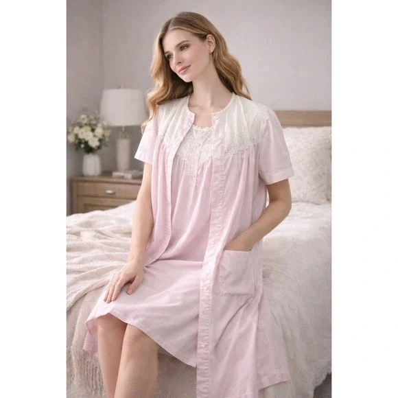 Vtg Carole Pink Seersucker Nightgown Housecoat Set Sz‎ S USA Pocket Cottagecore