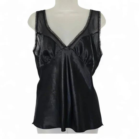 California Dynasty Black Satin‎ Lace Camisole Babydoll Top Size M Whimsigoth 90s