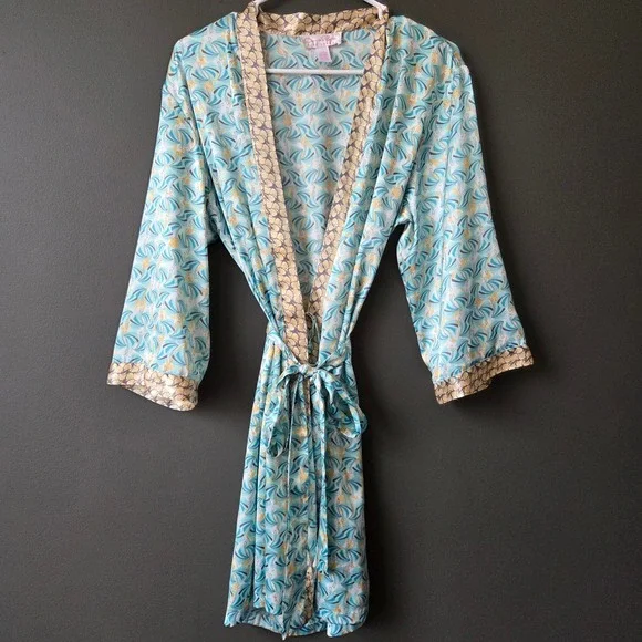 Oscar de‎ la Renta Pink Label Satin Robe S Turquoise Gold Fan Print Kimono Wrap