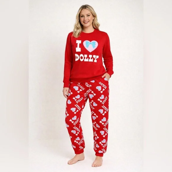 I Love Dolly Pajama Set Women’s M Red Dolly Parton Lounge Sleepwear 2 Pc NWT‎