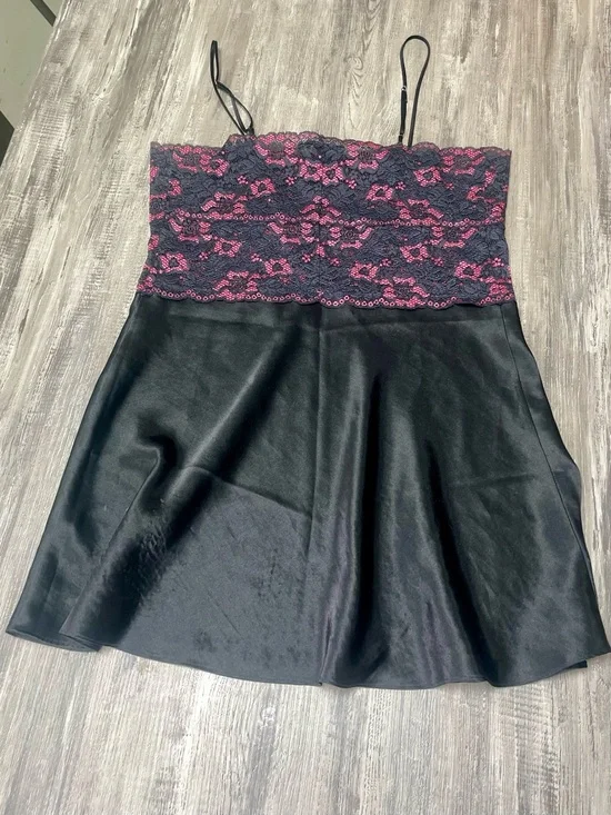Jones New York Black Satin Slip with Romantic Pink Lace Overlay