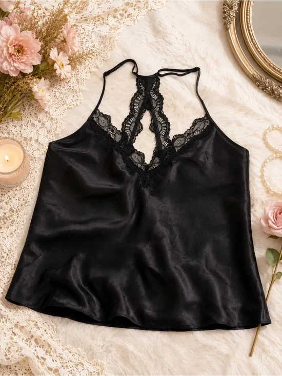 In Bloom by Jonquil Black Satin Lace Trim Cami Sleep Top | Size XL