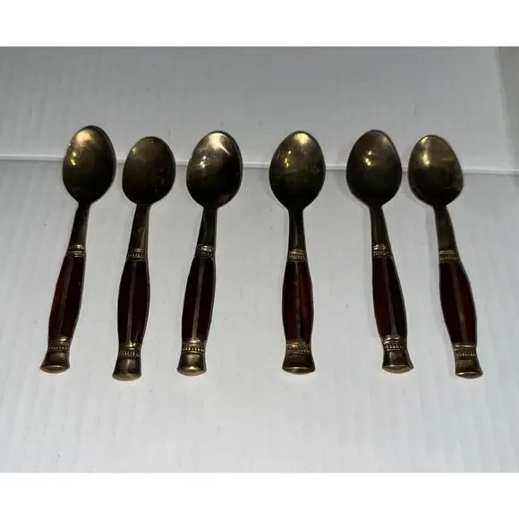 Vintage Brass And Wood Demitasse Coffee Spoon Thailand‎ Lot Of 8