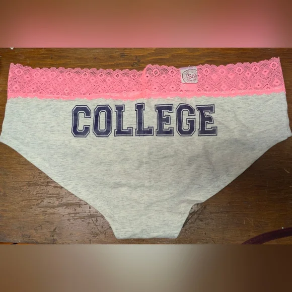SO XL Lace Trim Hipster Panties, Heather Gray Coral Waistband College Bottom