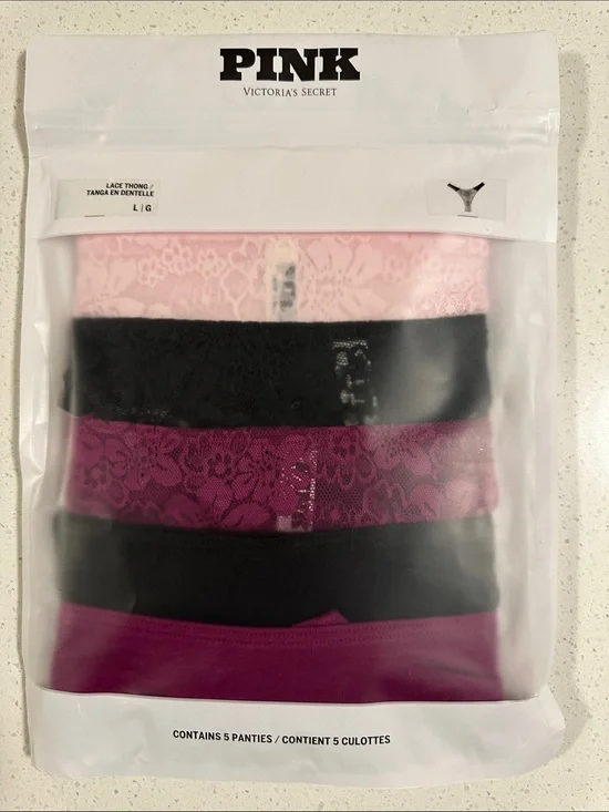 PINK by Victoria's Secret Lace Thong 5-Pack — Pink, Black, Magenta,Size:L, NWT