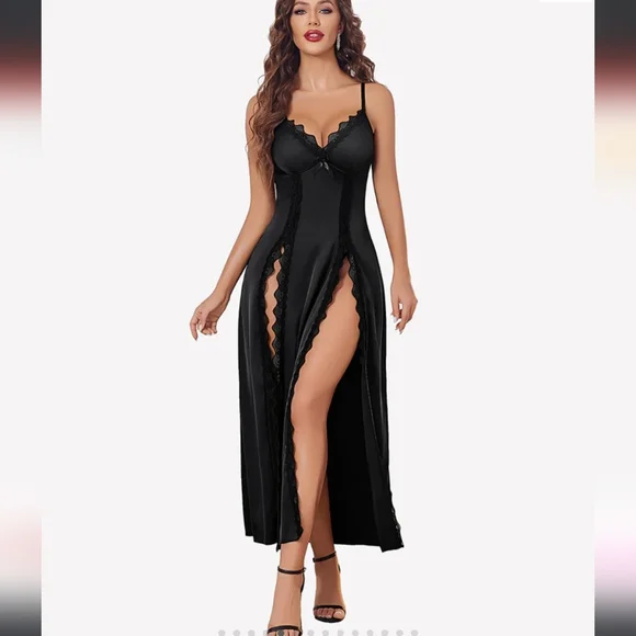 Avidlove 2 Pc Mesh & Lace V-neck Elegant Black Chemise Lingerie Thong NWT Small