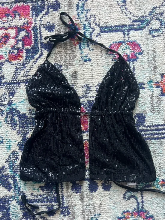 Edikted Black Sequin Tie Top - Estelle Open-Back Sequin Top