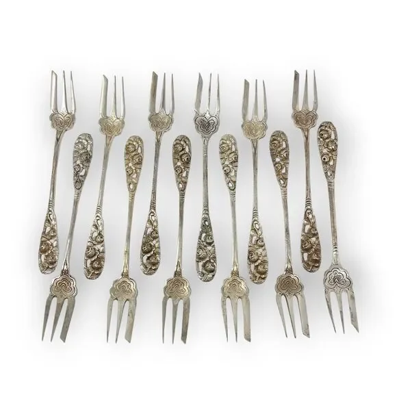 Silver 800 835 Dessert Pastry Mini Forks Fork Lot of 12 Floral Ornate Rose 5.5”