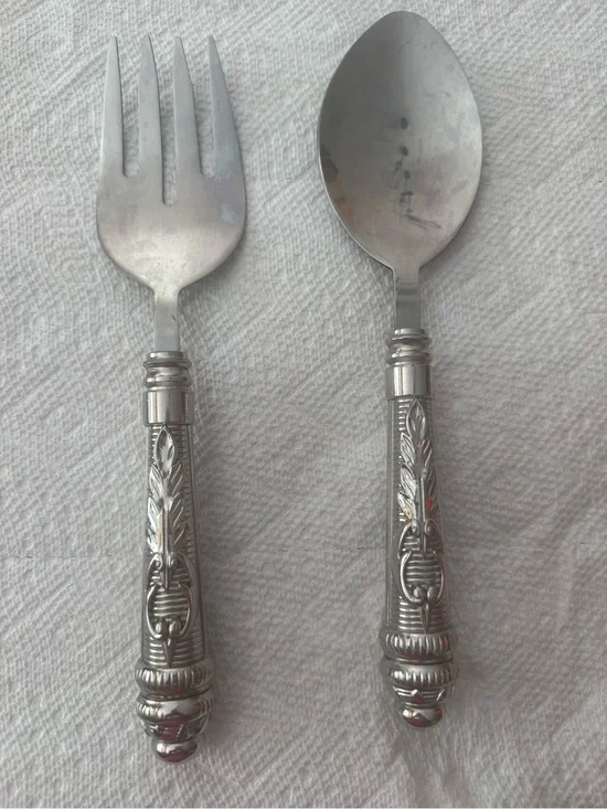 Silver Ornate Handle Serving Fork and Spoon Set - Decorative Stainless Flatware