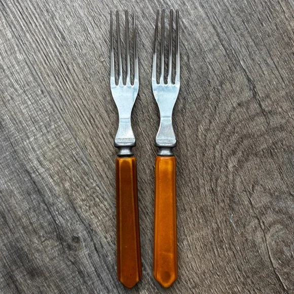 Vintage Chrome Plate Butterscotch Bakelite Style Handle Forks Set of 2 MCM‎ Deco