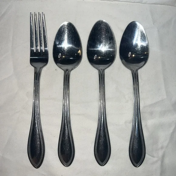 Pfaltzgraff Stainless Steel AMERICAN BEAD Lot of 3 Soup Spoons, 1 fork