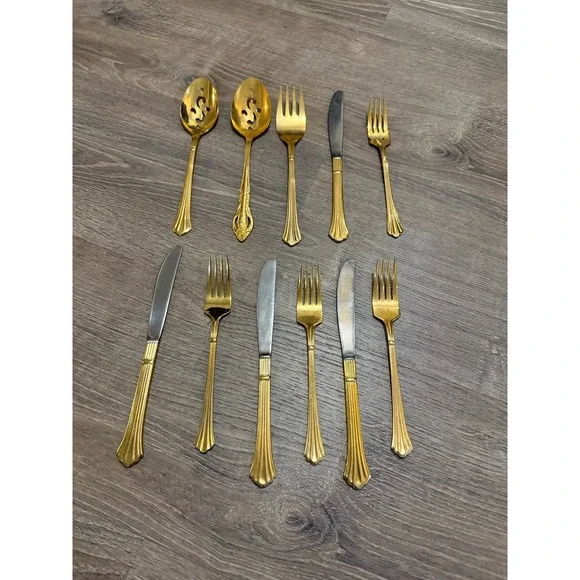 Estia Korea EP Gold Plated Flatware Serving Lot Of 11 Vintage 1980's