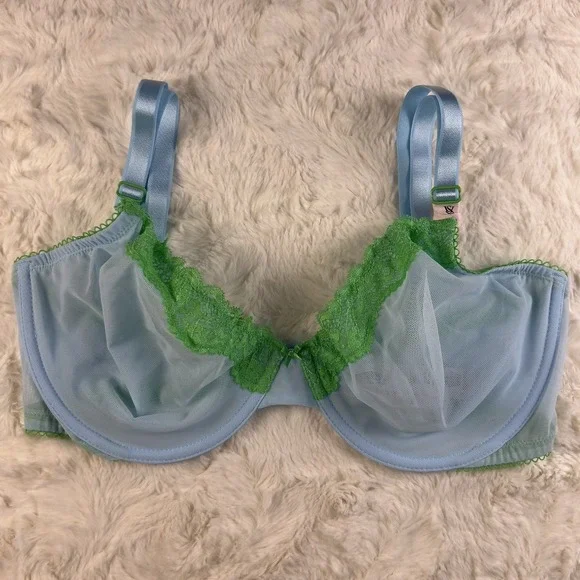 Victoria's Secret‎ Tease Unlined Demi Bra Sky Blue Mesh Lime Green Lace 36B