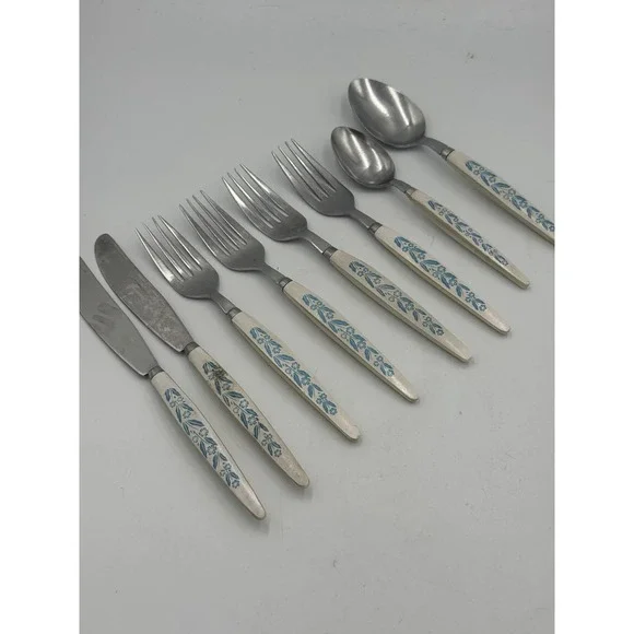 Vtg Lot Of 8 Robinson Stainless USA Plastic Handle Blue Floral Flatware Lot