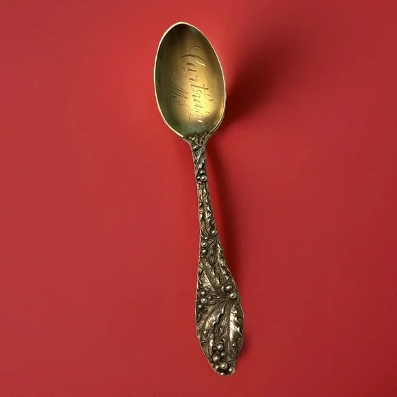VTG Sterling Silver Spoon Carthage MO Souvenir Gold Wash Holly Leaves Berries