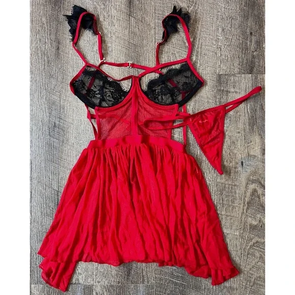 Red and black strappy 2 pc lingerie‎ teddy mesh lace babydoll sexy size S/M