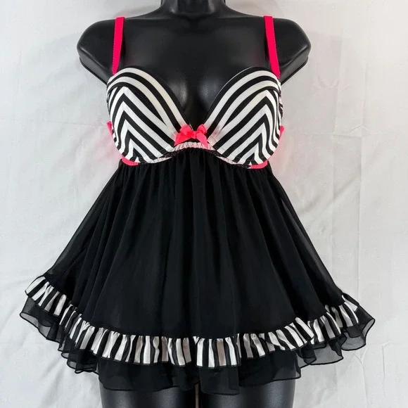 Victorias Secret Babydoll Lingerie 36C Black White Striped Pink Trim Ruffle Hem