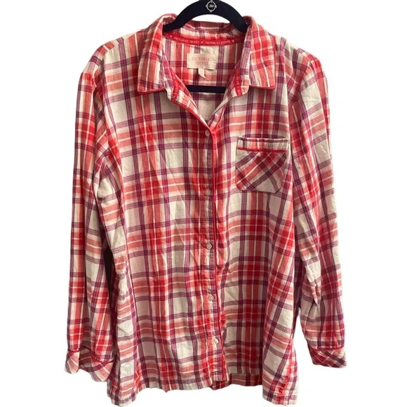 Victorias Secret Red Pink Plaid Flannel Pajama Top Shimmer‎ Button Down XL