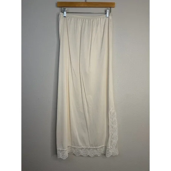 Komar Vintage Ivory Lace Trim Maxi Half Slip Skirt High Slit Nylon USA Medium