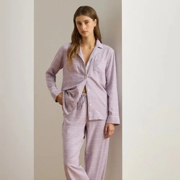 Lauren Ralph Lauren Lavender Plaid Cotton-Blend Twill Sleep‎ Set Sz Small