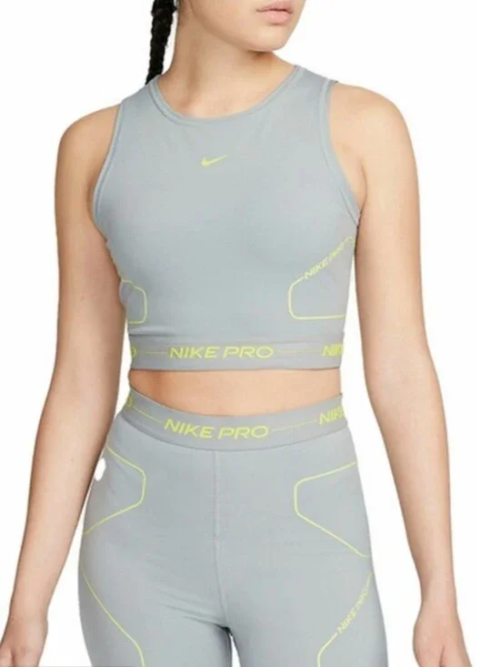 Nike Light Gray Crop Performance Tank with Neon Yellow Trim