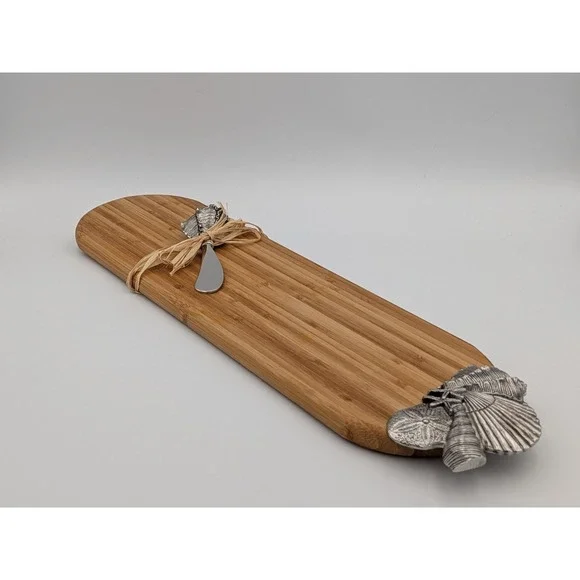 Bamboo & Pewter Cheese/Cutting Board Gift Set, Seashells /Coastal - Mud Pie Co.