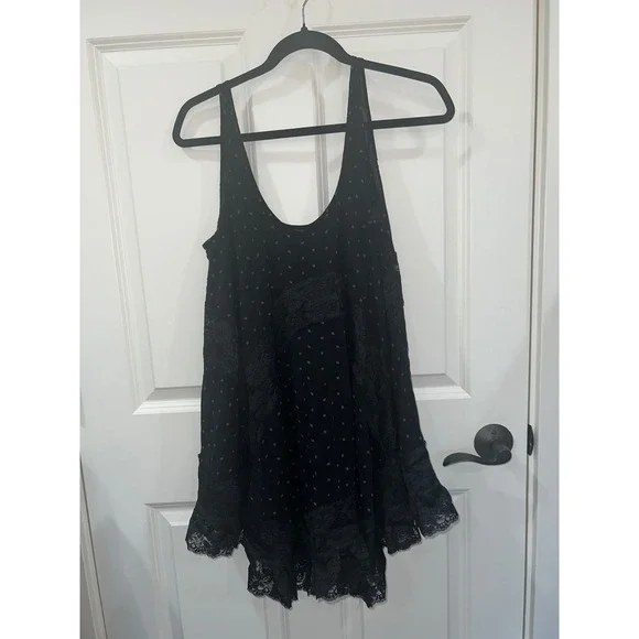 Free People Intimately She Swings Slip Mini Dress Lace Detail Black Size Small