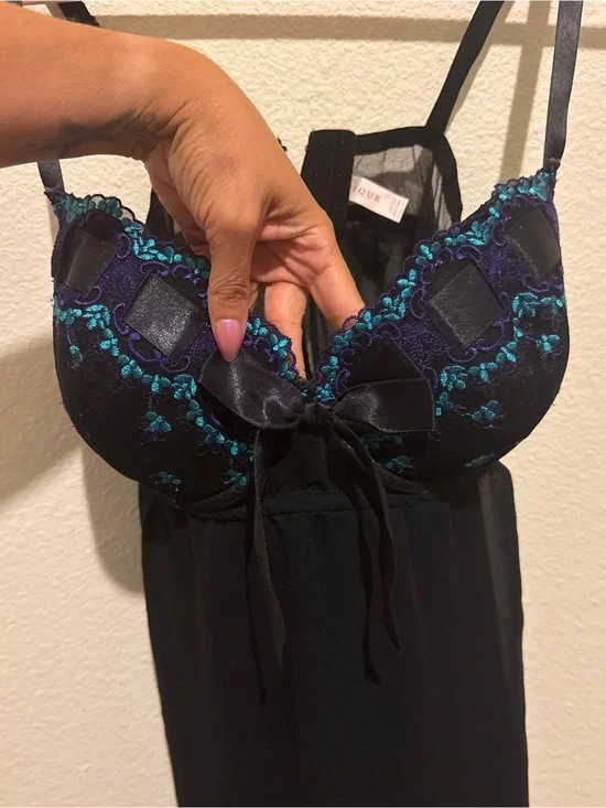 Cacique Black Chemise with Teal and Purple Embroidery