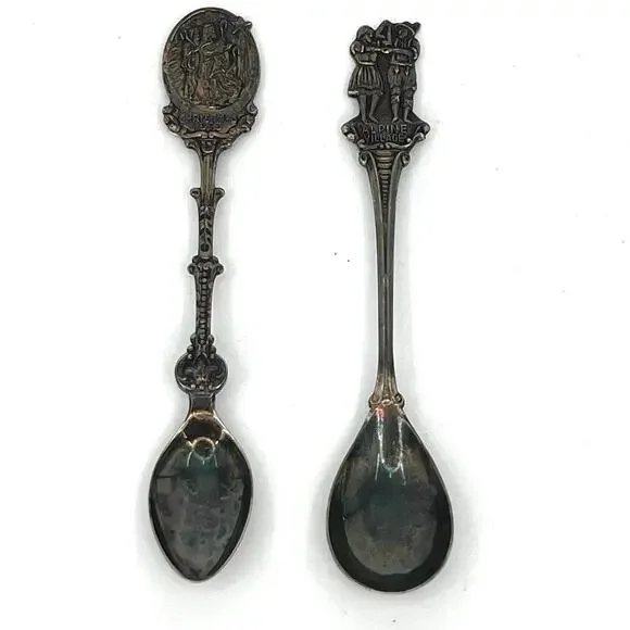Sterling silver plated souvenir spoons - Alpine Village and Christmas 1973