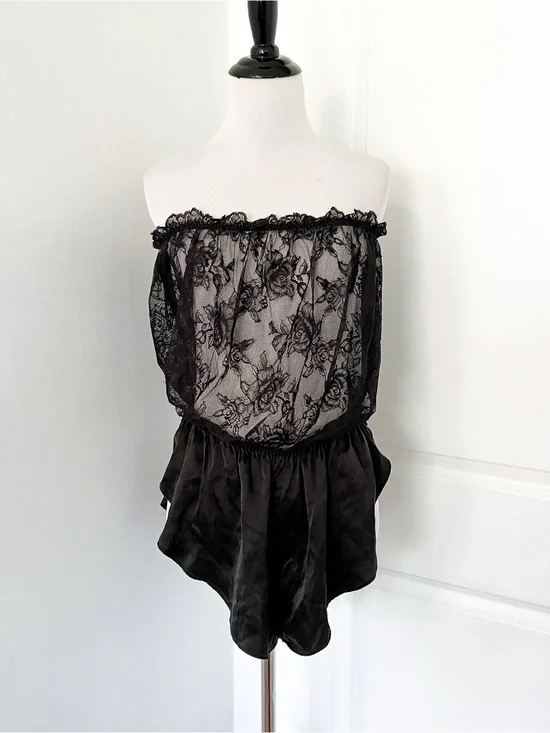 Victoria's Secret Archives Black Lace Strapless Romper Lingerie - Size XL