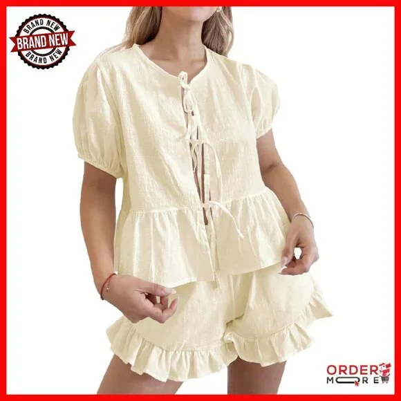Cotton Ruffle Short Set Tie Front Top Puff Sleeve Elastic Waist