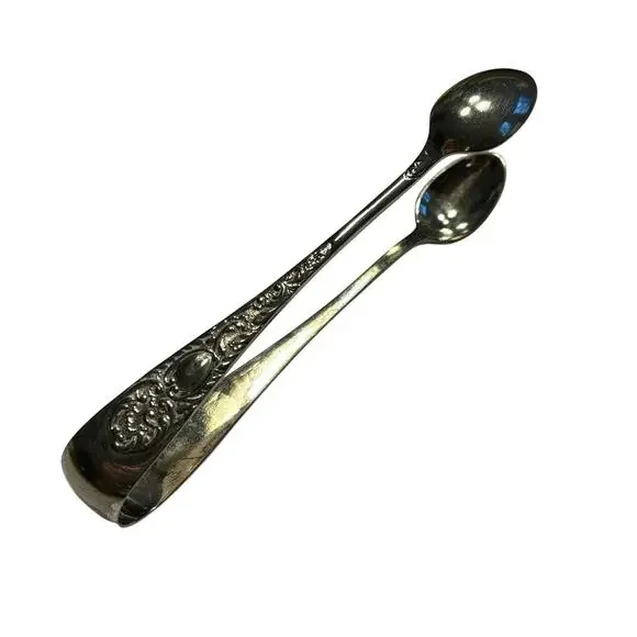 English silver sugar cube tongs EPNS spoon shaped Art Nouveau floral vintage