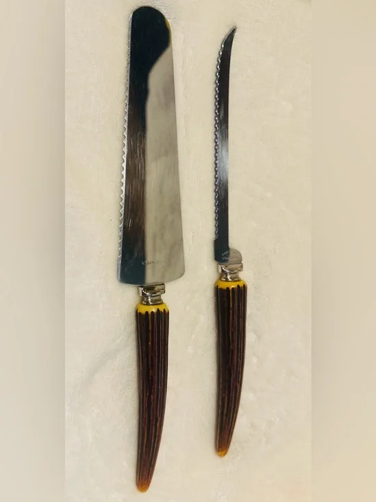 Set Of 2 Antique Stainless Antler Stag Horn Knifes Sharp Carving Made In USA