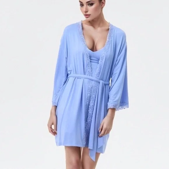 INC International Concept Women Wrap Robe Blue 2XL Lounge Lace Trim Knit NWT